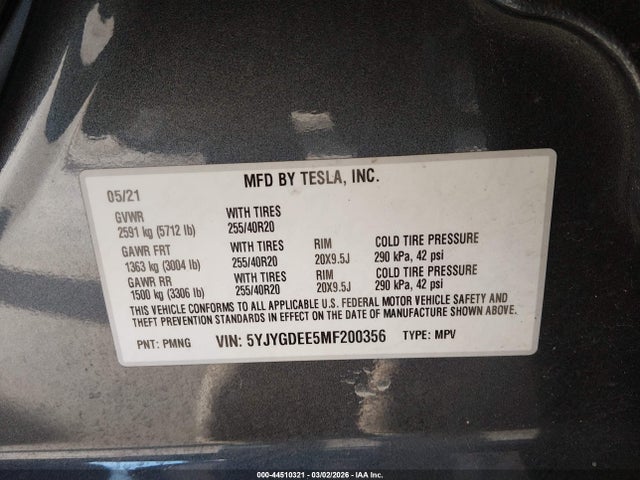 2021 TESLA MODEL Y 5YJYGDEE5MF200356 Photo 8