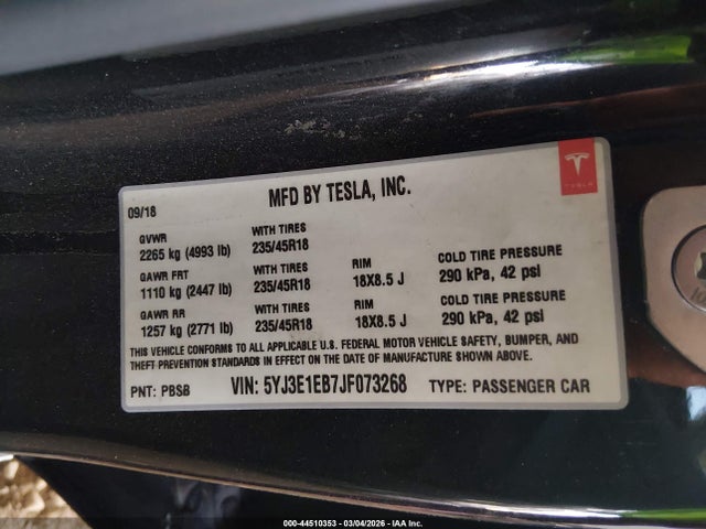 Aukcja sprzedaży 2018 Tesla Model 3 Long Range/performance, vin: 5YJ3E1EB7JF073268, numer aukcji: 44510353