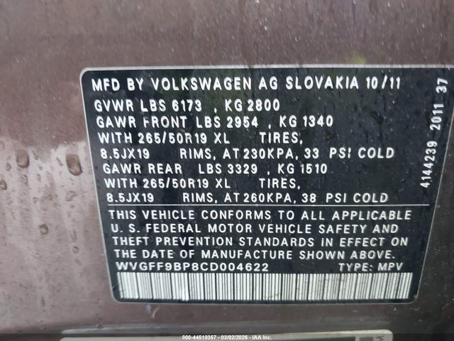 2012 Volkswagen Touareg Vr6 Lux მანქანა იყიდება აუქციონზე, vin: WVGFF9BP8CD004622, აუქციონის ნომერი: 44510357