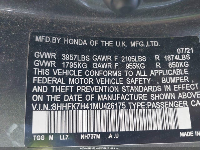 SHHFK7H41MU426175 Honda Civic Sport