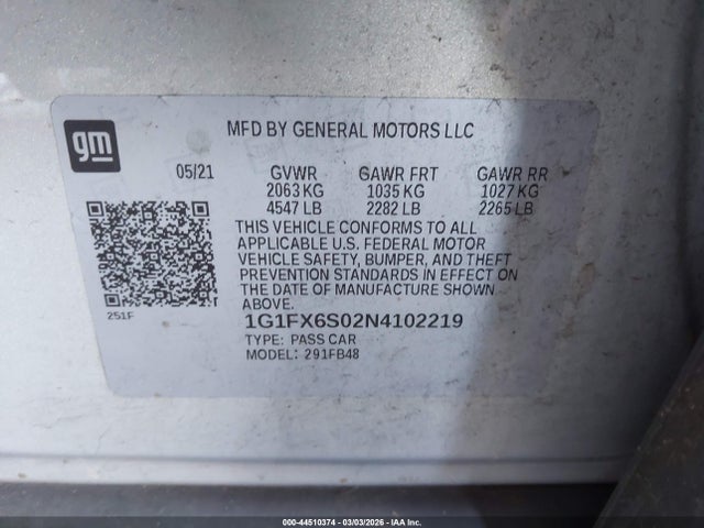 1G1FX6S02N4102219 Chevrolet Bolt Ev Fwd 2lt