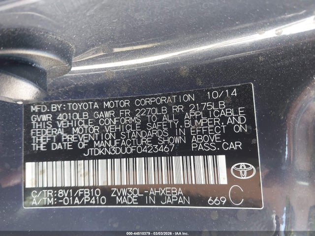 JTDKN3DU0F0423467 Toyota Prius Three