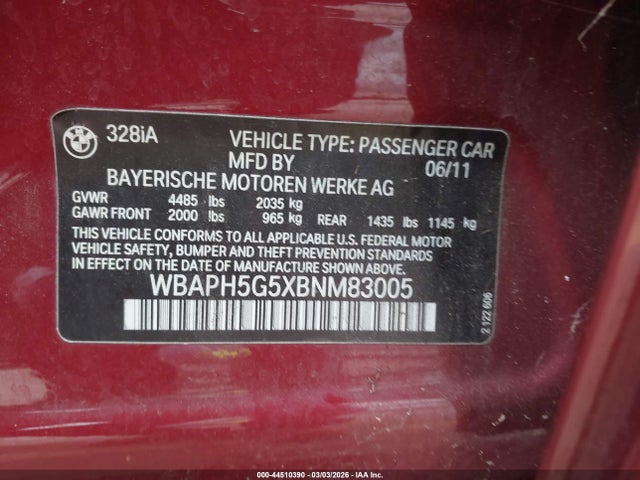 Aukcja sprzedaży 2011 Bmw 328i, vin: WBAPH5G5XBNM83005, numer aukcji: 44510390