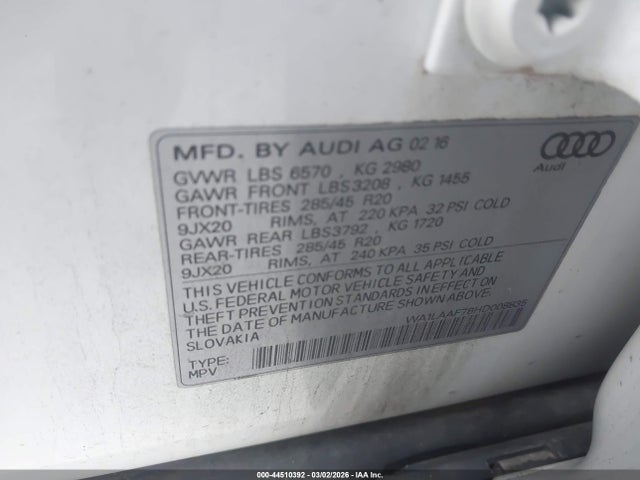Продаж на аукціоні авто 2017 Audi Q7 3.0t Premium, vin: WA1LAAF78HD008835, номер лоту: 44510392