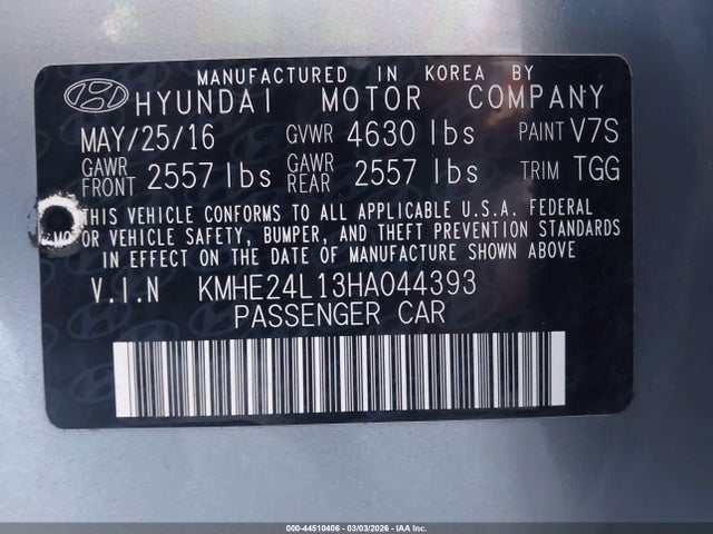 KMHE24L13HA044393 Hyundai Sonata Hybrid Se