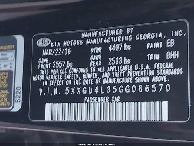 5XXGU4L35GG066570 KIA OPTIMA EX