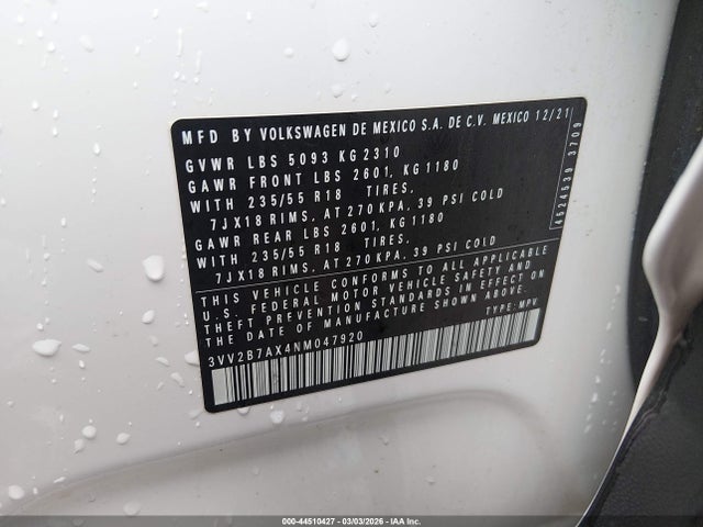 44510427 :رقم المزاد ، 3VV2B7AX4NM047920 vin ، 2022 Volkswagen Tiguan 2.0t Se مزاد بيع