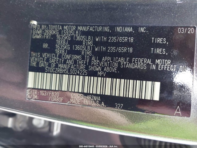 Toyota Highlander L 2020 5TDCZRBH5LS024225 Image 9