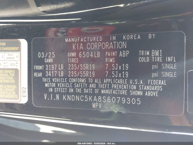 44510463 :رقم المزاد ، KNDNC5KA8S6079305 vin ، 2025 Kia Carnival Mpv Hybrid Ex مزاد بيع