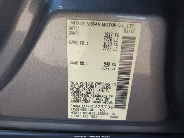 Продажа на аукционе авто 2017 Nissan Altima 2.5 S, vin: 1N4AL3AP7HC273736, номер лота: 44510481