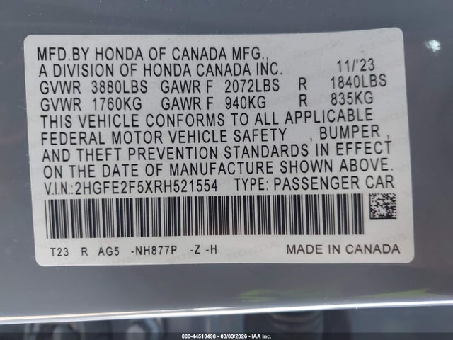 Honda Civic Sport 2024 2HGFE2F5XRH521554 Image 9