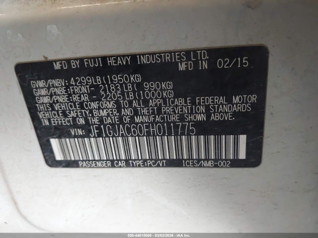 Продаж на аукціоні авто 2015 Subaru Impreza 2.0i Premium, vin: JF1GJAC60FH011775, номер лоту: 44510508