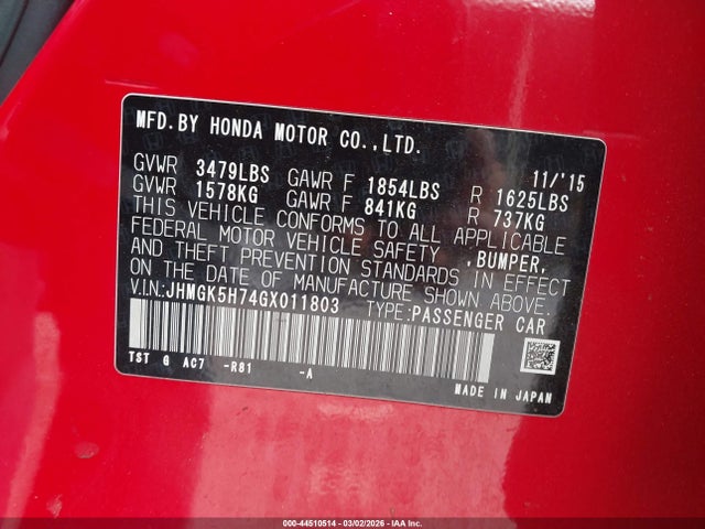 JHMGK5H74GX011803 Honda FIT EX