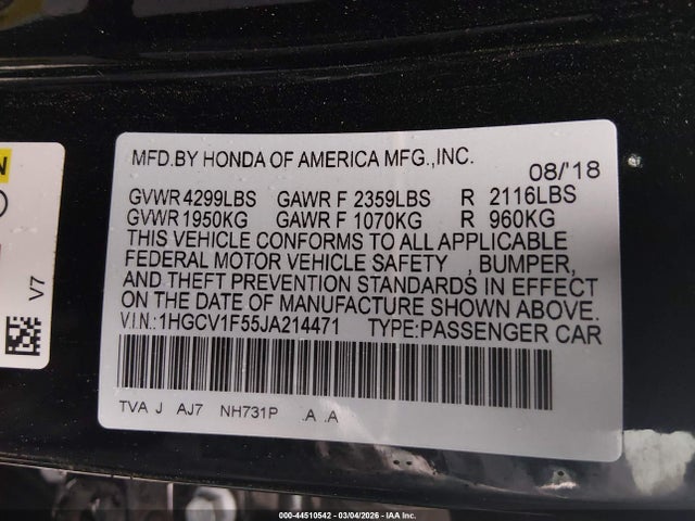 1HGCV1F55JA214471 Honda Accord Ex-l