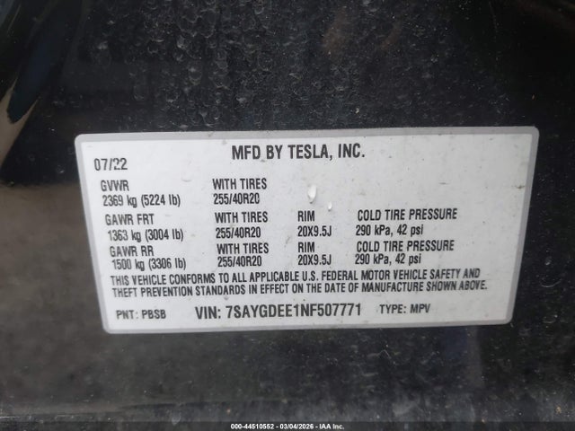 Продажа на аукционе авто 2022 Tesla Model Y Long Range Dual Motor All-wheel Drive, vin: 7SAYGDEE1NF507771, номер лота: 44510552