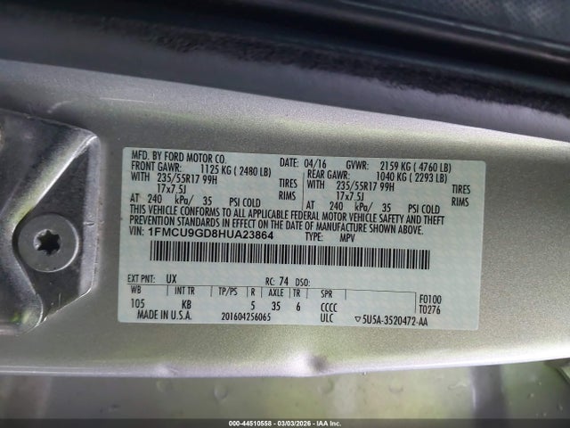 1FMCU9GD8HUA23864 Ford ESCAPE SE