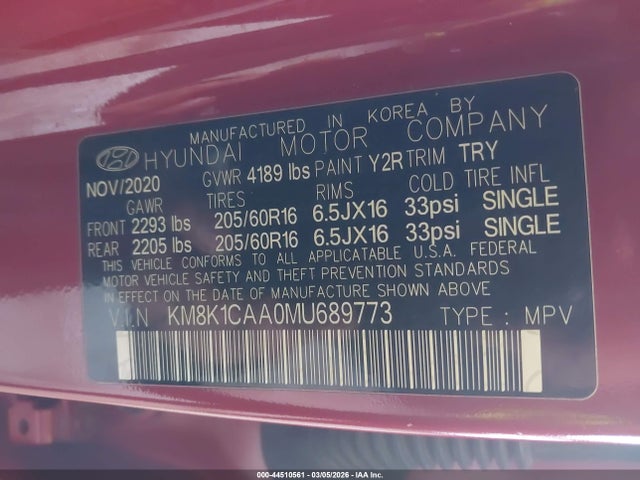 Продаж на аукціоні авто 2021 Hyundai Kona Se, vin: KM8K1CAA0MU689773, номер лоту: 44510561