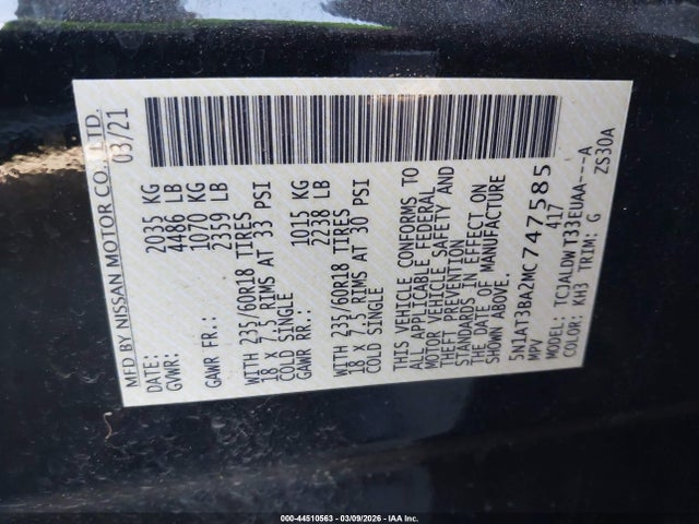 Aukcja sprzedaży 2021 Nissan Rogue Sv Fwd, vin: 5N1AT3BA2MC747585, numer aukcji: 44510563