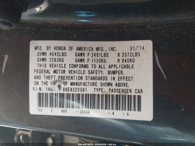 1HGCR3F86EA020581 Honda Accord Ex-l V-6