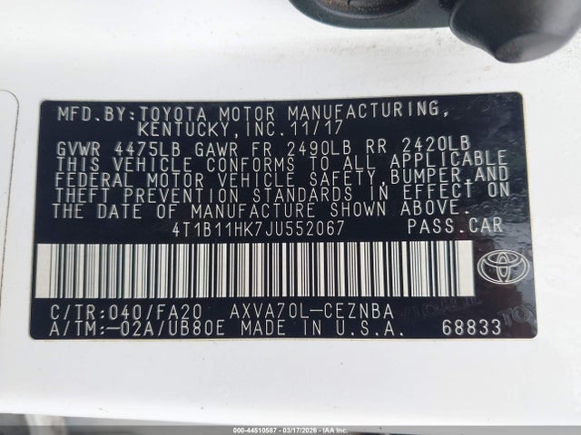 4T1B11HK7JU552067 Toyota CAMRY LE