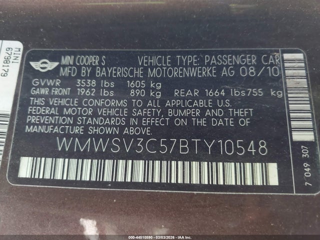 2011 MINI COOPER S WMWSV3C57BTY10548 Photo 8