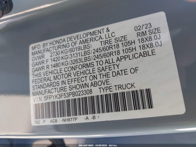 Honda Ridgeline Rtl 2023 5FPYK3F53PB023308 Image 9