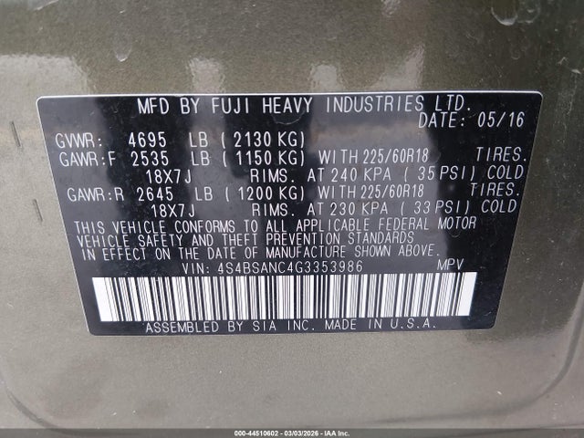 Aukcja sprzedaży 2016 Subaru Outback 2.5i Limited, vin: 4S4BSANC4G3353986, numer aukcji: 44510602