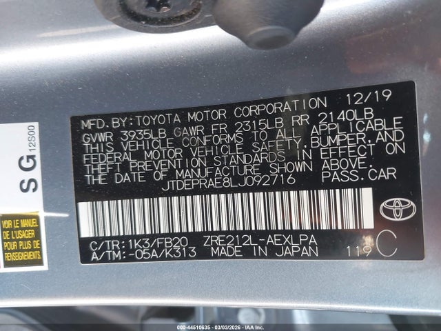 2020 TOYOTA COROLLA JTDEPRAE8LJ092716 Photo 8