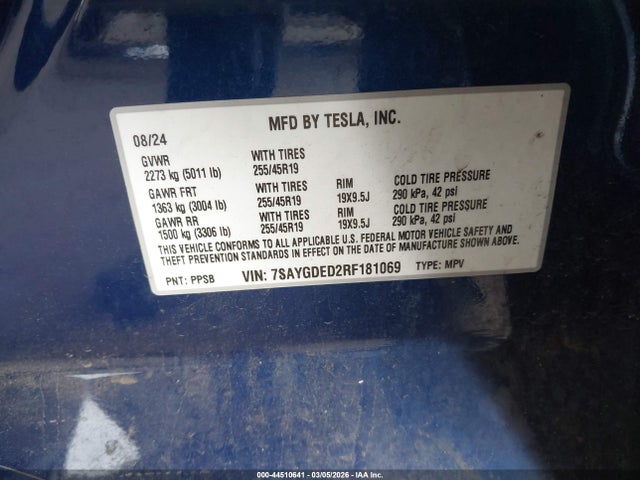 44510641 :رقم المزاد ، 7SAYGDED2RF181069 vin ، 2024 Tesla Model Y Long Range Single Motor Rear-wheel Drive/rwd مزاد بيع