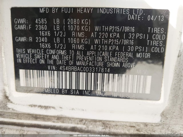 Продаж на аукціоні авто 2013 Subaru Outback 2.5i, vin: 4S4BRBAC0D3317814, номер лоту: 44510652