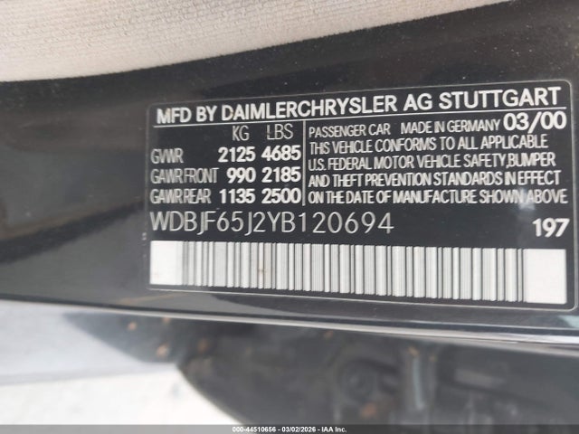 44510656 :رقم المزاد ، WDBJF65J2YB120694 vin ، 2000 Mercedes-benz E 320 مزاد بيع