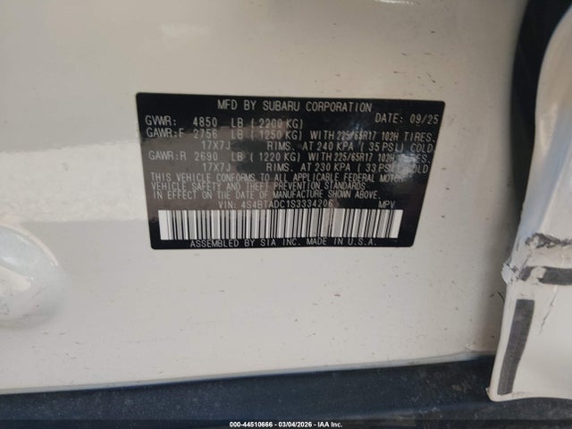 Продажа на аукционе авто 2025 Subaru Outback Premium, vin: 4S4BTADC1S3334206, номер лота: 44510666