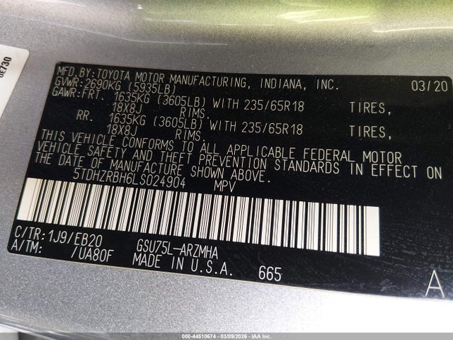 5TDHZRBH6LS024904 Toyota Highlander Xle