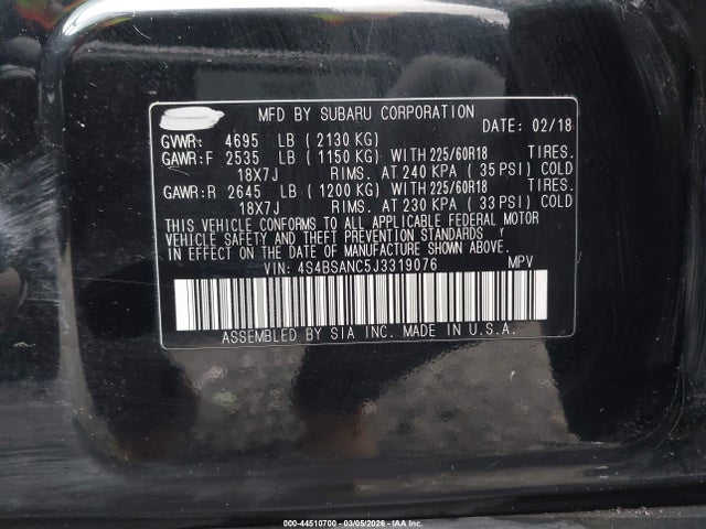 Продаж на аукціоні авто 2018 Subaru Outback 2.5i Limited, vin: 4S4BSANC5J3319076, номер лоту: 44510700