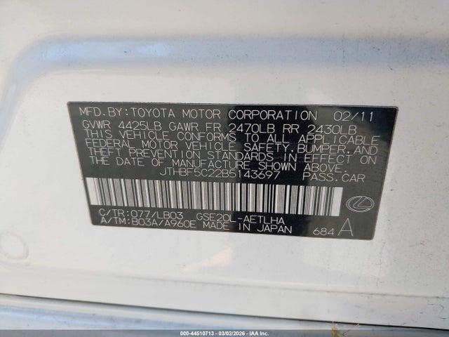 Aukcja sprzedaży 2011 Lexus Is 250, vin: JTHBF5C22B5143697, numer aukcji: 44510713