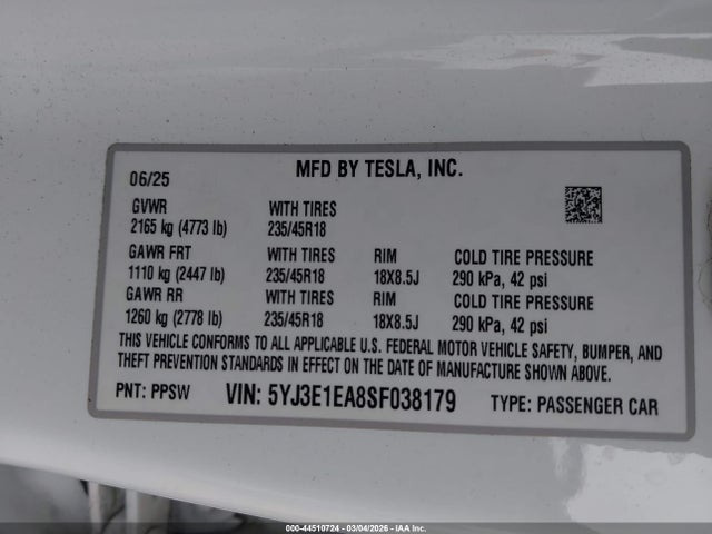 Aukcja sprzedaży 2025 Tesla Model 3 Long Range Rear-wheel Drive/standard Rear-wheel Drive, vin: 5YJ3E1EA8SF038179, numer aukcji: 44510724