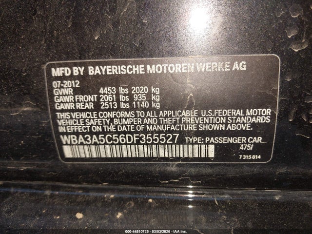 2013 Bmw 328i მანქანა იყიდება აუქციონზე, vin: WBA3A5C56DF355527, აუქციონის ნომერი: 44510725