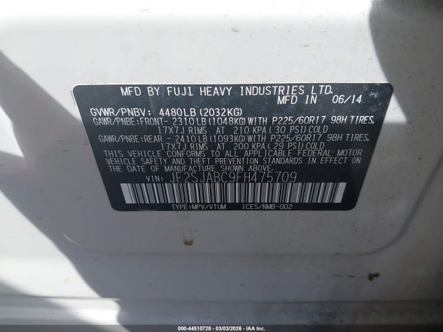 Продажа на аукционе авто 2015 Subaru Forester 2.5i, vin: JF2SJABC9FH475709, номер лота: 44510728