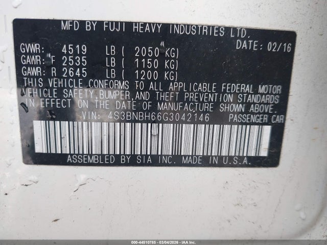 Продажа на аукционе авто 2016 Subaru Legacy 2.5i Premium, vin: 4S3BNBH66G3042146, номер лота: 44510785