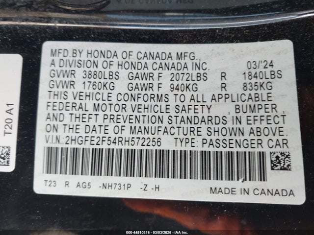 2HGFE2F54RH572256 Honda Civic Sport