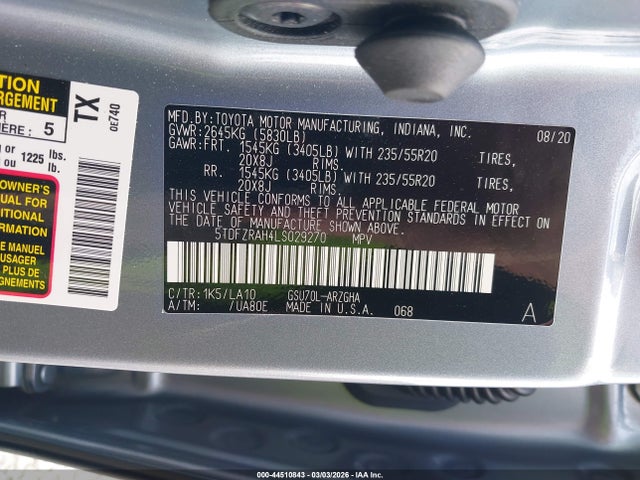 44510843 :رقم المزاد ، 5TDFZRAH4LS029270 vin ، 2020 Toyota Highlander Platinum مزاد بيع