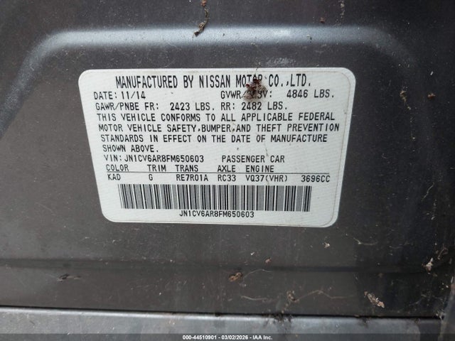 44510901 :رقم المزاد ، JN1CV6AR8FM650603 vin ، 2015 Infiniti Q40 مزاد بيع