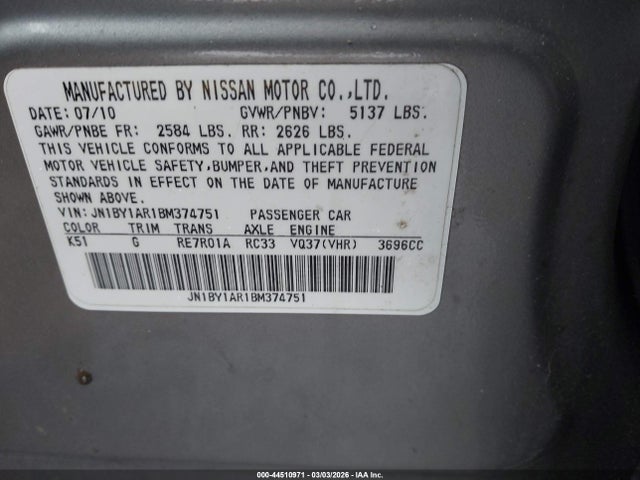 2011 Infiniti M37x მანქანა იყიდება აუქციონზე, vin: JN1BY1AR1BM374751, აუქციონის ნომერი: 44510971
