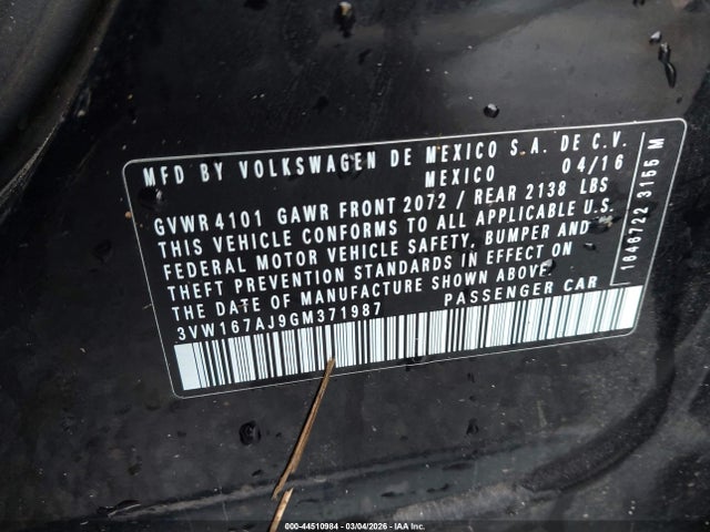 Aukcja sprzedaży 2016 Volkswagen Jetta 1.4t S, vin: 3VW167AJ9GM371987, numer aukcji: 44510984