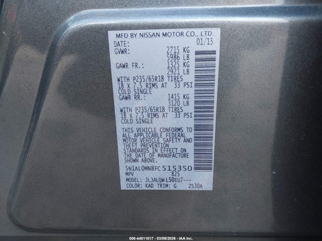 Aukcja sprzedaży 2015 Infiniti Qx60, vin: 5N1AL0MN8FC515350, numer aukcji: 44511017