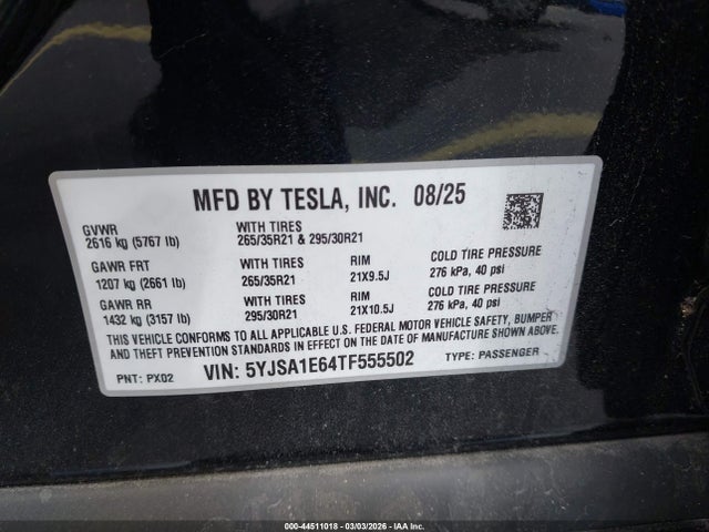 Продажа на аукционе авто 2026 Tesla Model S Plaid, vin: 5YJSA1E64TF555502, номер лота: 44511018