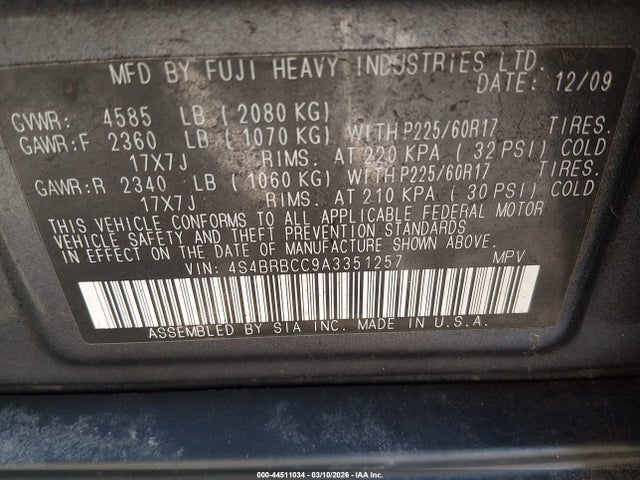 Продажа на аукционе авто 2010 Subaru Outback 2.5i Premium, vin: 4S4BRBCC9A3351257, номер лота: 44511034