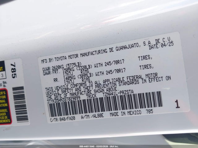 44511040 :رقم المزاد ، 3TYKD5HN3ST029099 vin ، 2025 Toyota Tacoma Sr مزاد بيع