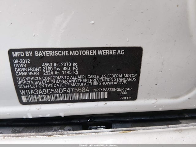 44511055 :رقم المزاد ، WBA3A9C59DF475684 vin ، 2013 Bmw 335i مزاد بيع