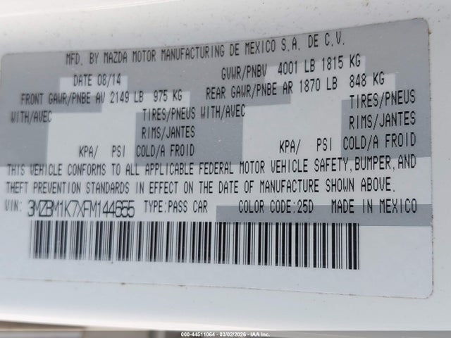 Aukcja sprzedaży 2015 Mazda Mazda3 I Sport, vin: 3MZBM1K7XFM144655, numer aukcji: 44511064
